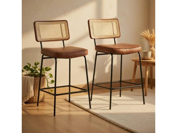 CollaHausse Lot de 2 Tabourets Bar Cuir PU Vintage Sans Accoudoirs Rotin Marron