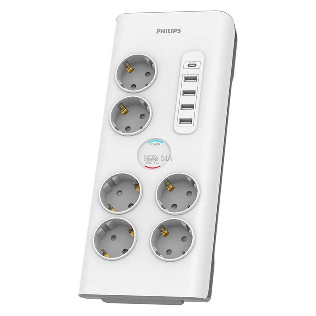 Philips Surge protector SPN7060WA/58, 6 outlets, power cord, 1 x Type C port, Max output, 4 x Type A (6x, CEE 7/4, USB-A, USB-C, 2 m) (SPN7060WA/58)