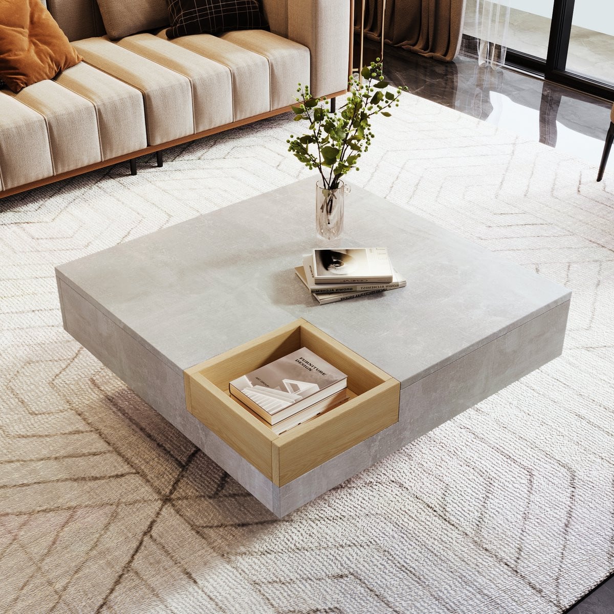 Clruro Salontafel met uitneembare opbergdoos - Beton Grijs en Houtkleur - B/D/H: 72 x 72 x 30 cm