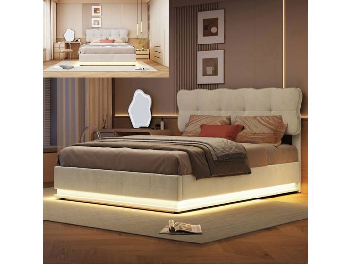Lit 160x200 cm - LED - USB - tissu en Velours - lit adulte 160x200 cm - 160x200 cm - Beige