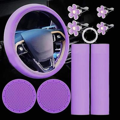 10-teiliges Lenkradbezug-Set für Damen, 14,5–15 Zoll, Autozubehör mit Sicherheitsgurt, Schulterpolster, Sicherheitsgurtbezug, Getränkehalter, Startknopf, Ringaufkleber, Lüftungsclip