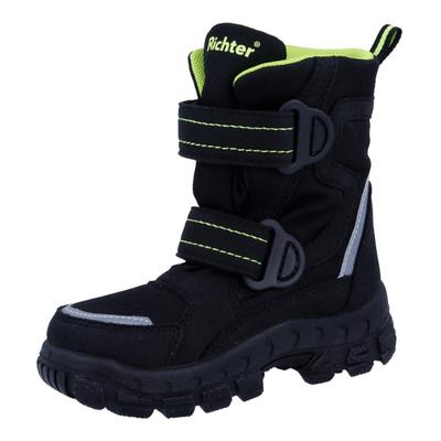 Winterstiefel RICHTER "Davos WMS: Weit", Damen, Gr. 29, Warmfutter, schwarz (schwarz, neongelb), Lederimitat, Textil, kontrastfarbene Details, Schuhe Winterstiefel, Klettstiefel in Schuhweite: Weit, Größenschablone zum Download