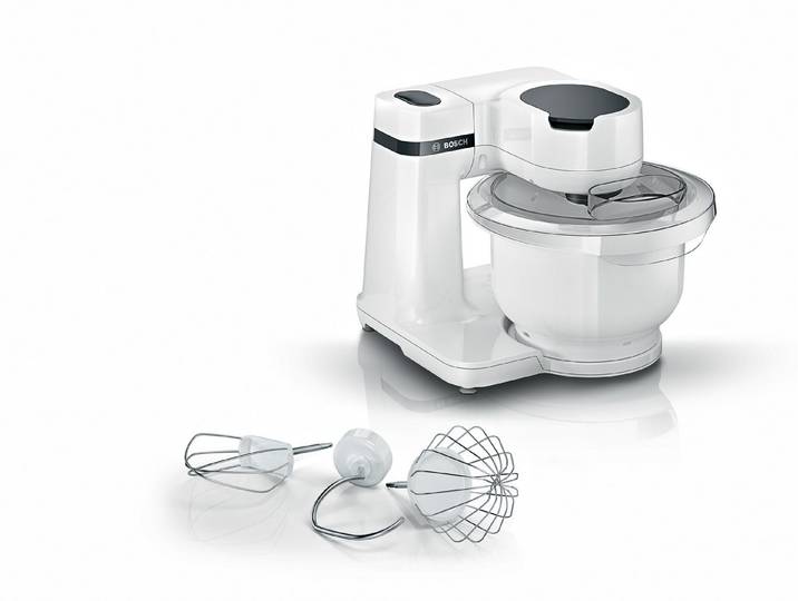 BOSCH Küchenmaschine Serie 2 MUMS2AW00, Kunstoffschüssel, weiß, 700 W, 3,8 l Schüssel, Planetenrührwerk, Knethaken/Schlag-/Rührbesen Edelstahl, 4 Stufen