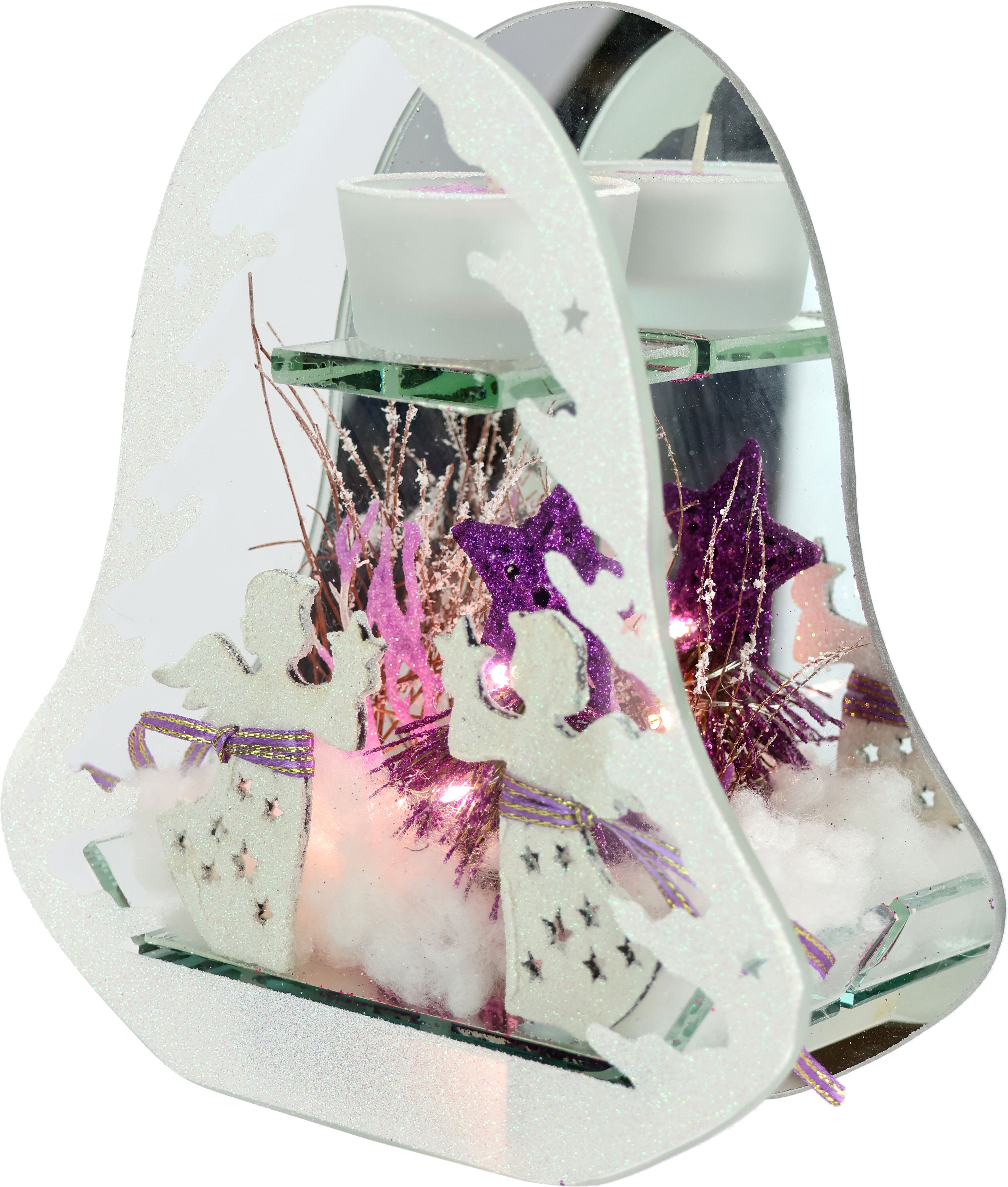 Teelichthalter I.GE.A. "Deko-Objekt mit LED Licht und Teelichtkerze", rot (burgund), B:7cm H:20cm, Glas, Kerzenhalter, Teelichthalter, Mit Tanne Engel Stern Kunstschnee Weihnachtsdeko Geschenk burgund B/H/T: 7cm x 20cm