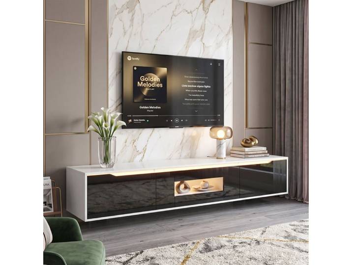 Meuble TV Suspendu 180cm LED Gain de Place Design Soigné Laqué Brillant
