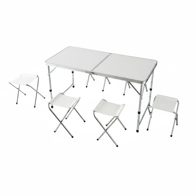 Relaxdays Campingtafel met 4 krukjes, opvouwbaar en hoogteverstelbaar, wit