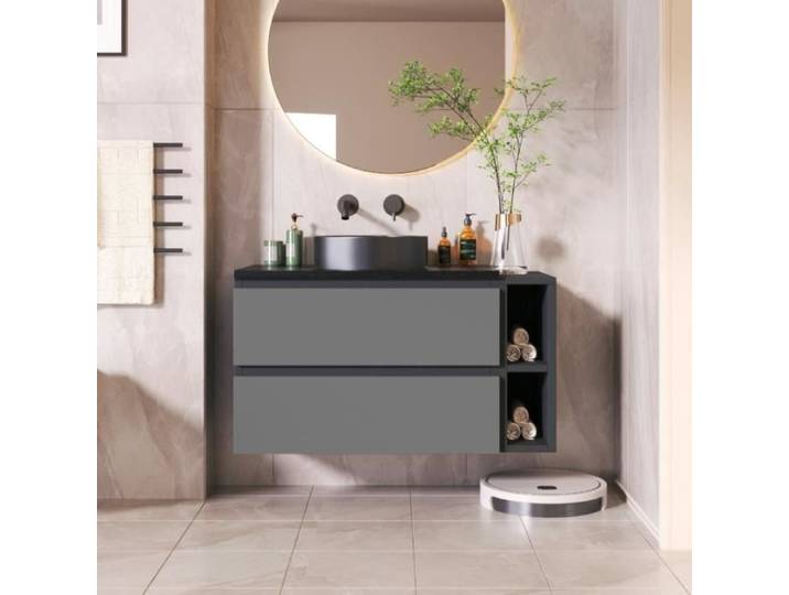 Meuble sous vasque - Moderne - Gris - 2 tiroirs - Évier en céramique