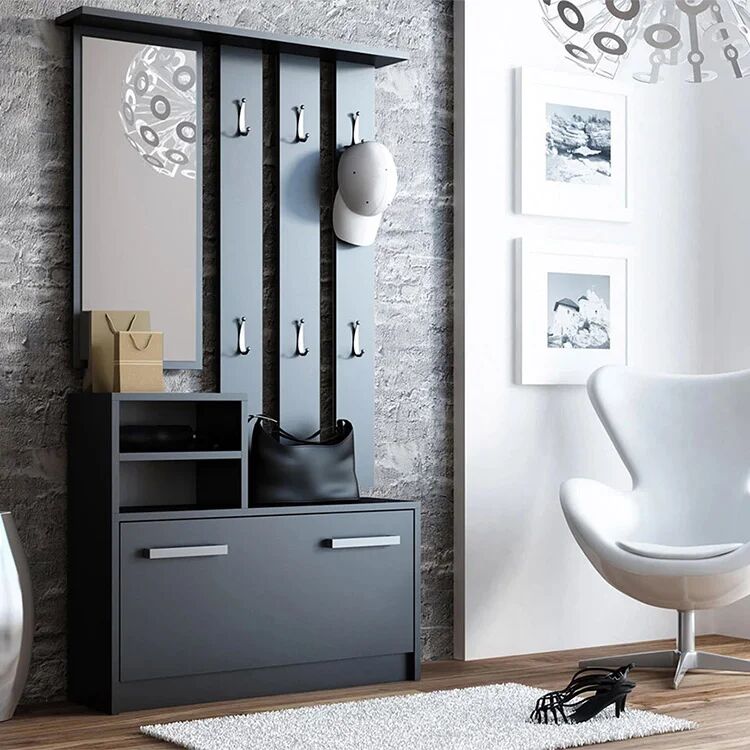 garneroarredamenti Mobile ingresso 85x180h cm con specchio scarpiera nero Bergen
