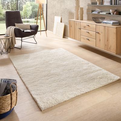 Wollteppich THEKO "Aurelle Uni", beige (weiß), B:140cm H:25mm L:200cm, Wolle, Teppiche, handgewebt, Unifarben, leichter Glanz, weich & kuschelig