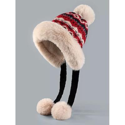 Damenmütze aus Acryl mit Fair-Isle-Muster – weich, kuschelig, mit Bommeln, perfekt für Weihnachten und Wintermode