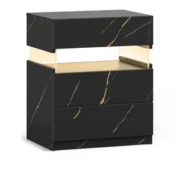 MODFU Nachttisch aus Holzwerkstoff in Schwarz/Gold mit LED-Beleuchtung und 3 Schubladen