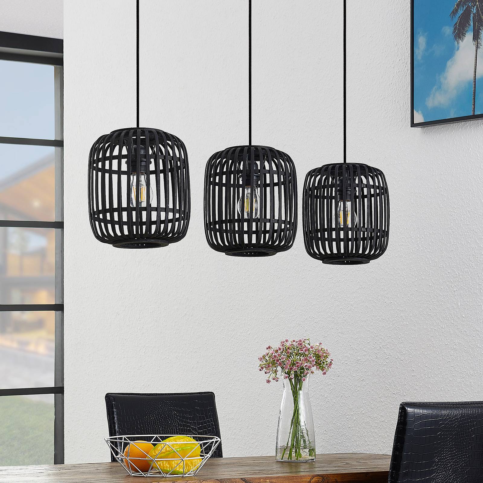 Hängelampe Canyana Lindby, dimmbar, schwarz, für Wohn- / Esszimmer, Holz, Landhaus / Rustikal, Pendelleuchte