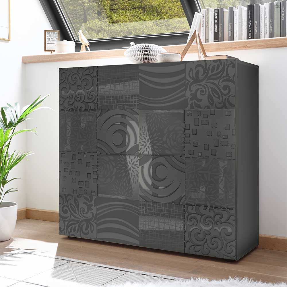 Pharao24.de Griffloses Highboard in Anthrazit Hochglanz Siebdruck verziert