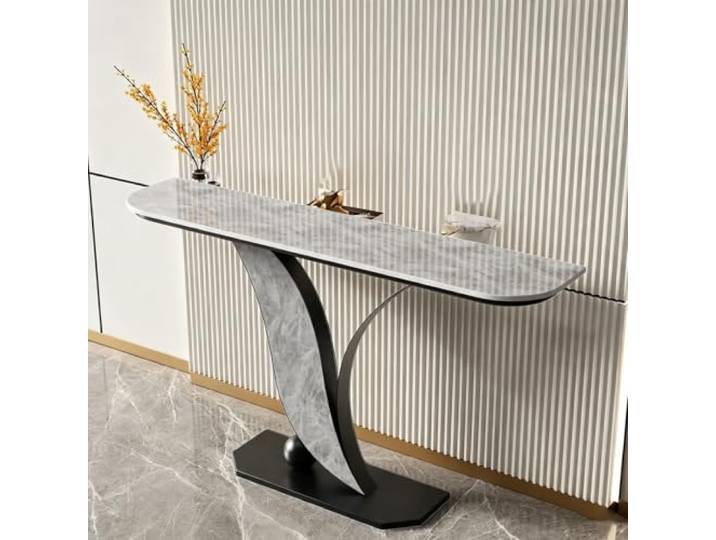 Moderner Konsolentisch mit Sintersteinplatte, schmaler Eingangstisch Sinterstein-Oberfläche, Stabiles Metallgestell, Schmale Bauweise, Flur & Wohnzimmer(Black+Gray,31.5 (80cm))
