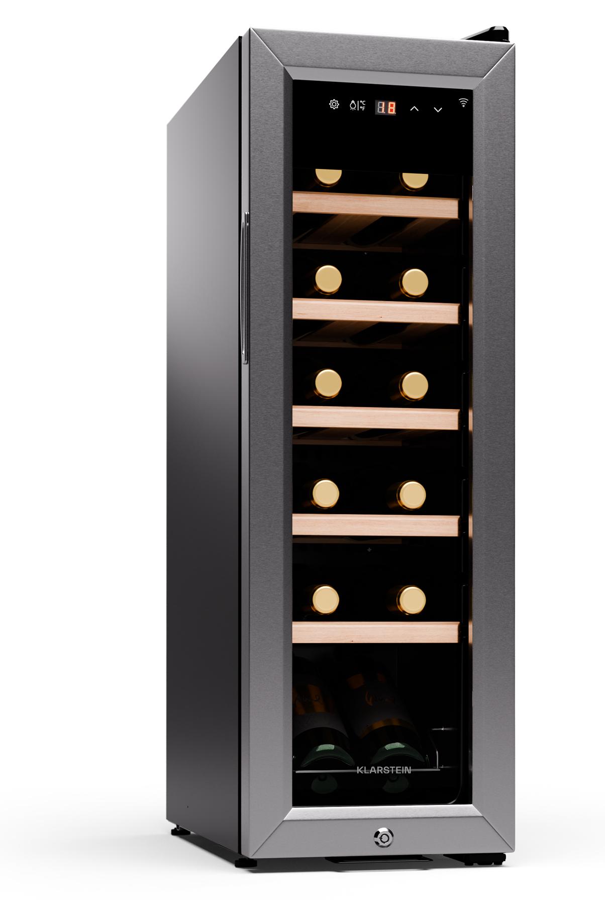 Klarstein Weinkühlschrank, 1 Zone Getränkekühlschrank, Indoor/Outdoor Kühlschrank, Freistehender Flaschenkühlschrank Klein, Weinschrank für Getränke, Weinkühler für 12 Flaschen, 5-18°C