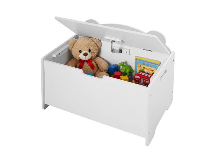 Relaxdays Spielzeugtruhe Weiß MDF mit Deckel Bären-Design, Holzwerkstoff, 60x38 cm, Baby- und Kindermöbel, Babyzimmer, Spielzeugkisten