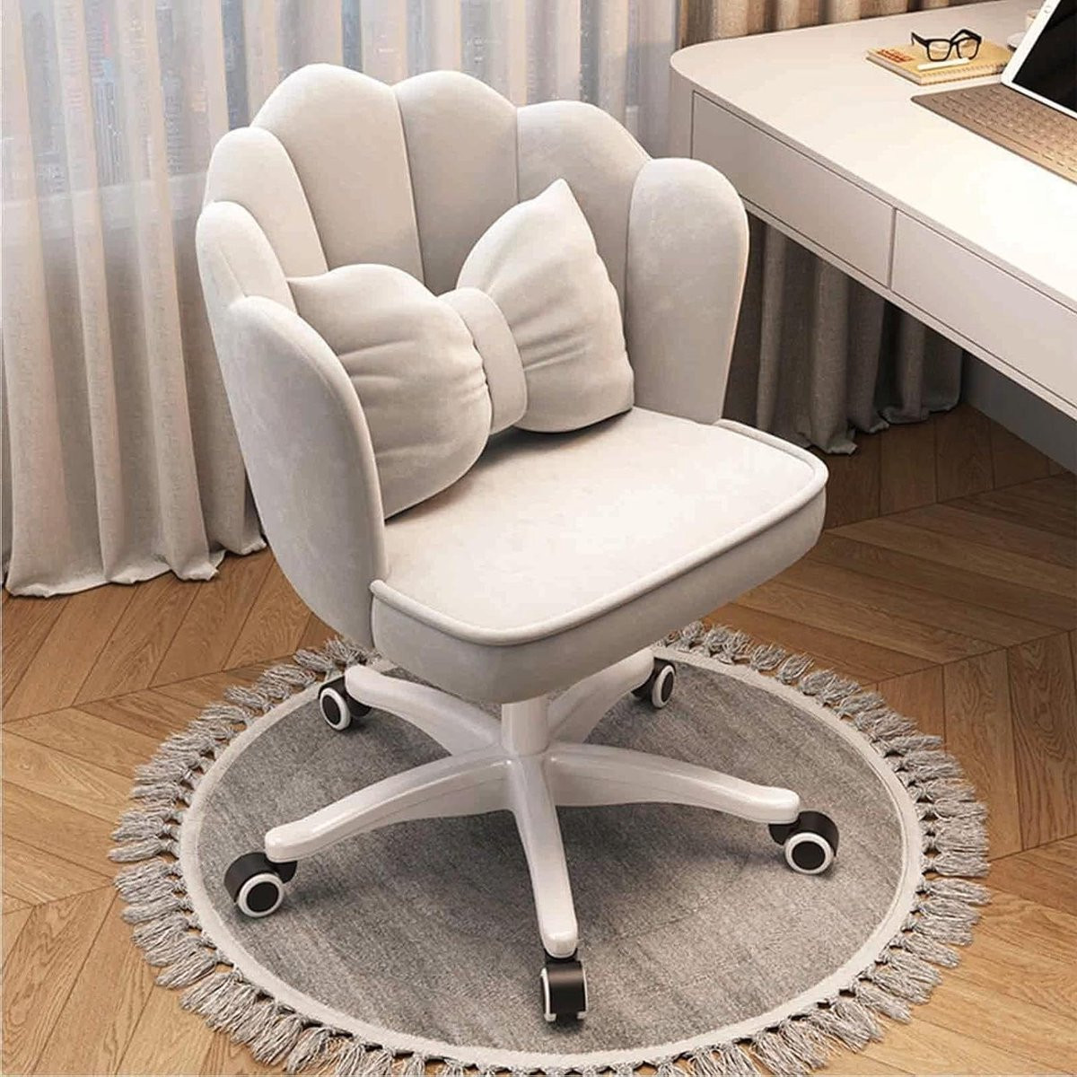 Fluwelen Accent Stoel - Wit - Verstelbare Draaistoel met Zithoogte 46-56 cm