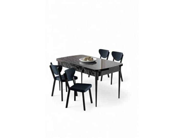 Hanah Home Extendable Dining Table & Chairs Set (5 Pieces), Black Marble & Anthracite, 132-170 cm 100% Melamine Coated Chipboard, Modern Design