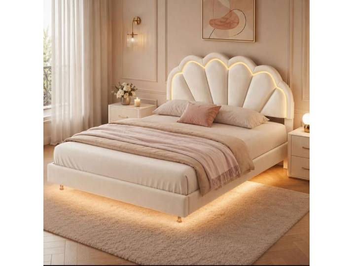 Lit Double 140x200 cm avec LED Lit Suspendu Flottant Sommier à Lattes Cadre de Lit Lit Rembourré Velours Beige