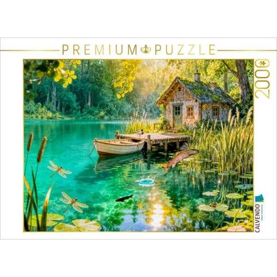 CALVENDO Puzzle Cottage am Weiher mit Fischhütte, Boot und Forelle | 2000 Teile Lege-Größe 90x67cm Foto-Puzzle für glückliche Stunden