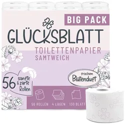 Glücksblatt Toilettenpapier SAMTWEICH mit frischem Blütenduft, 4-lagig, 56 Rollen x 130 Blatt, 100% Zellstoff, mit Glücks-Prägung