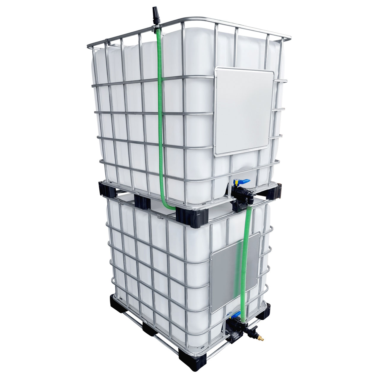 REKUBIK 2000l IBC Wassertank übereinander mit Schlauch Tankverbindung 50mm (2")