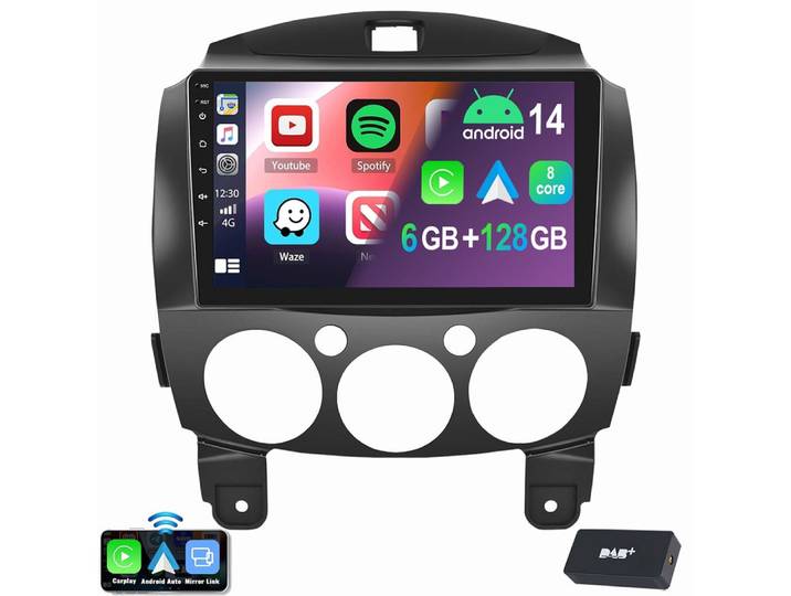 ESSGOO Für Mazda 2 2007-2013 Android 15 6+128G 8-Kern Autoradio (RDS, Digitalradio (DAB), FM, AM, Apple Carplay Android Auto GPS Navi WIFI BT)