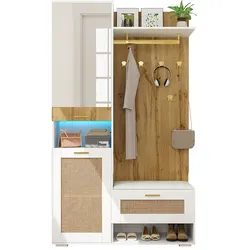 Kleiderschrank mit Spiegel und LED-Beleuchtung, 110x38x190, Holz und Weiß, Rattan-Optik, goldene Akzente, Stauraum für Kleidung und Accessoires