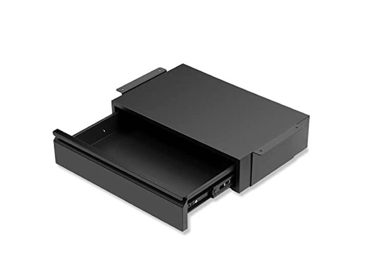 OSteed Unter Tisch Metall Schublade, 46cm breit, schwarz, mit größerer Schiebedehnung, 2 Kabellöcher, ausziehbarer Schrank, unter Holztisch ohne Balken montiert