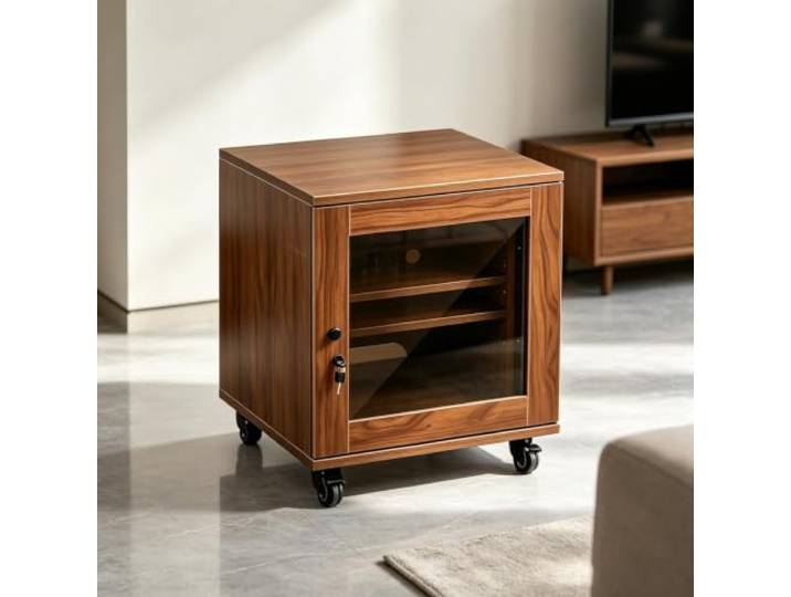 BQZKTVED Nussbaum HiFi Rack mit Gehärteter Glastür, Holz Audio Schrank Stabiles Audio Regal für Plattenspieler, Heimkino, Studio und Mediengeräte(21.65x21.65x25.79in)