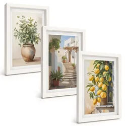 BILDER SET 3er Set - 20x30 cm Weißer Rahmen - Zitronenblumen im Topf, Straßen