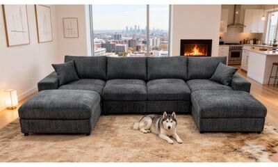 Modern Chenille Sectional with Two Ottomans for Family Lounging by GDFStudio