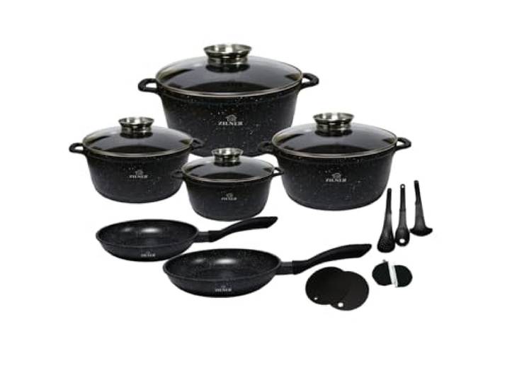 ZILNER Topfset 17-teilig, Marmor- & Keramikbeschichtung, Glasdeckel, Schwarz