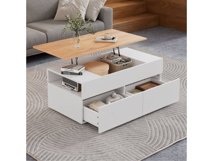 Table basse Blanc 100*50*40cm table basse Table basse réglable en hauteur doté de espace caché rangement intégré