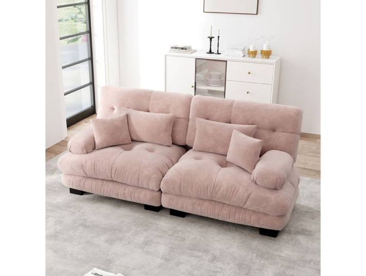 Canape 2 Places En Chenille Rose Canape Modulable Vintage FloraGrace Pour Salon Avec 4 Coussins 220x77x81cm