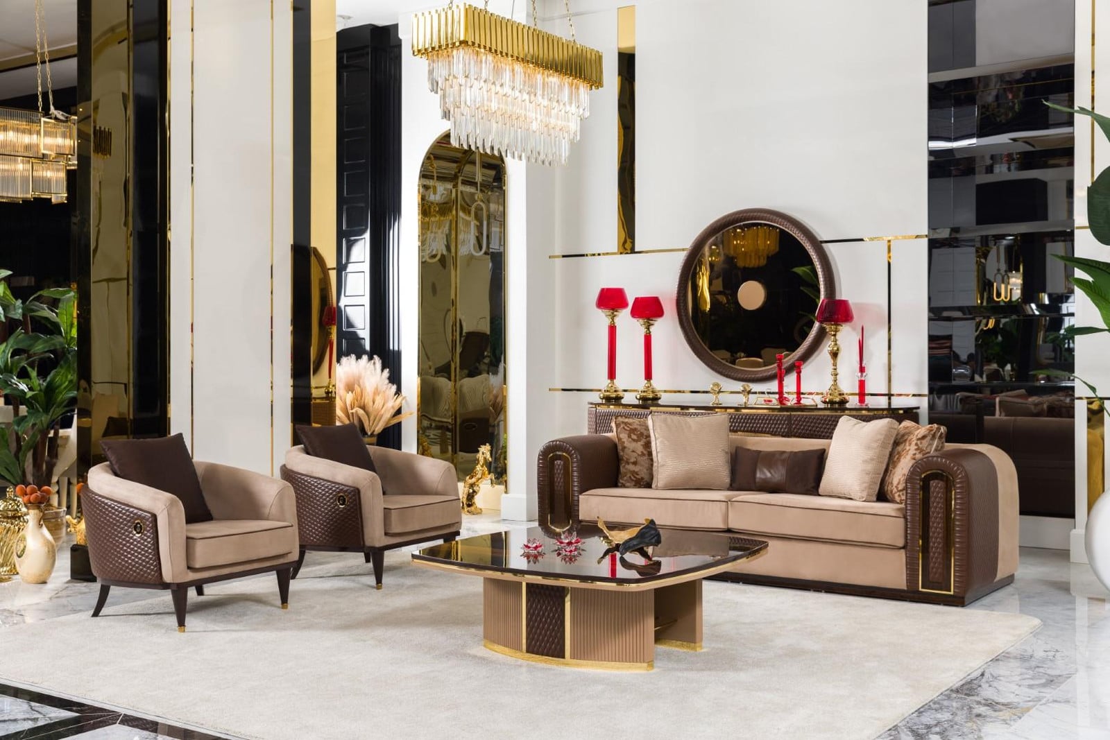 Hellbeige woonkamer set met stijlvolle driezitsbank, fauteuil en salontafel