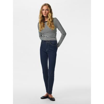 Skinny-fit-Jeans PIECES "PCDAISY MW SKINNY JEANS NOOS BC", Damen, Gr. 27, Länge 32, blau (dunkelblau denim detail:rinse), Denim/Jeans, Obermaterial: 98% Baumwolle, 2% Elasthan, unifarben, skinny fit lang, Jeans, Baumwollmischung, skinny fit