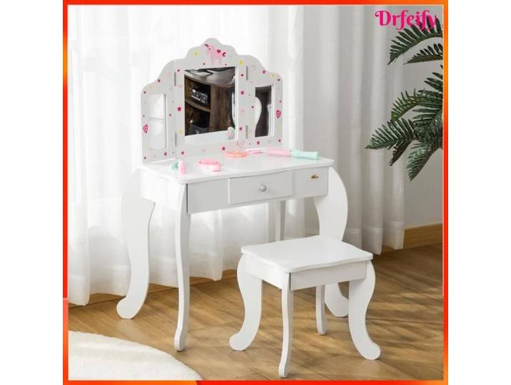 Coiffeuse enfant - AKOZON - 7490 - miroir triptyque - tiroir coulissant - tabouret (63×40×85 5 cm)