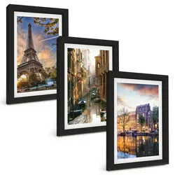 BILDER SET 3er Set - 20x30 cm Schwarzer Rahmen - Eiffelturm Venedig Amsterdamer Kanäle