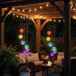 Windspiel Solar RGB LED Hängeleuchte Gartenlampe Deko Außen Crackle Glas Kugel, Metall, Farbwechsler, LED, DxH 12,5x60 cm, 2er Set