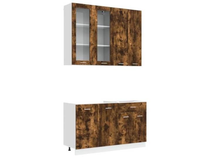 Makastle Küchenschrank-Set 4-teilig in Geräucherter Eiche aus Holzwerkstoff mit Verstellbaren Füßen und Wandbefestigung, Oberschrank mit Glastür