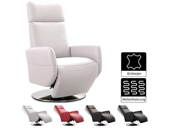 Cavadore TV-Sessel Cobra / Fernsehsessel mit Liegefunktion, Relaxfunktion / Stufenlos verstellbar / Ergonomie L / Belastbar bis 130 kg / 71 x 112 x 82 / Echtleder Weiß