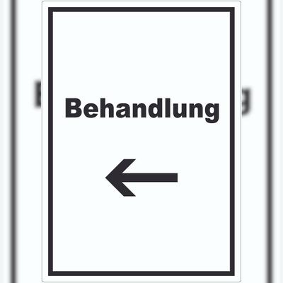 HB-Druck Behandlung Aufkleber mit Text und Richtungspfeil links Behandlungsraum hochkant A8 (52x74mm)