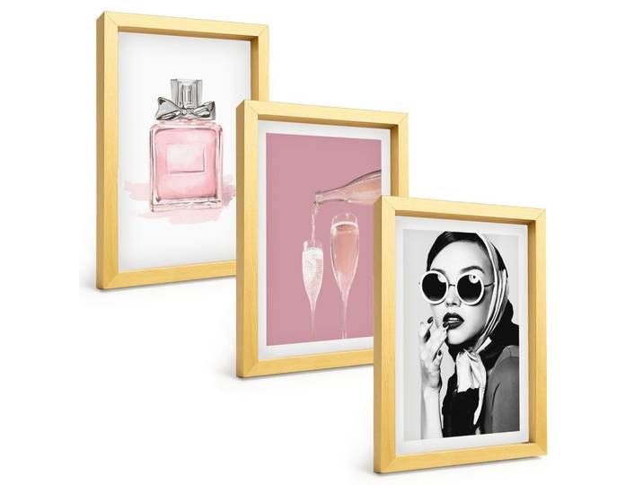 BILDER SET 3er Set - 20x30 cm Goldrahmen - Stilvolle pinkfarbene Accessoires
