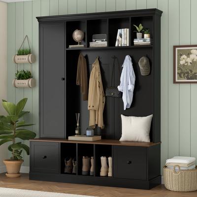 AISWORD "62.2""W Farmhouse Hall Tree with Shoe Storage Bench, Entryway Coat Rack with 5 Hooks, Adjustable Shelf Cabinet with Drawers"