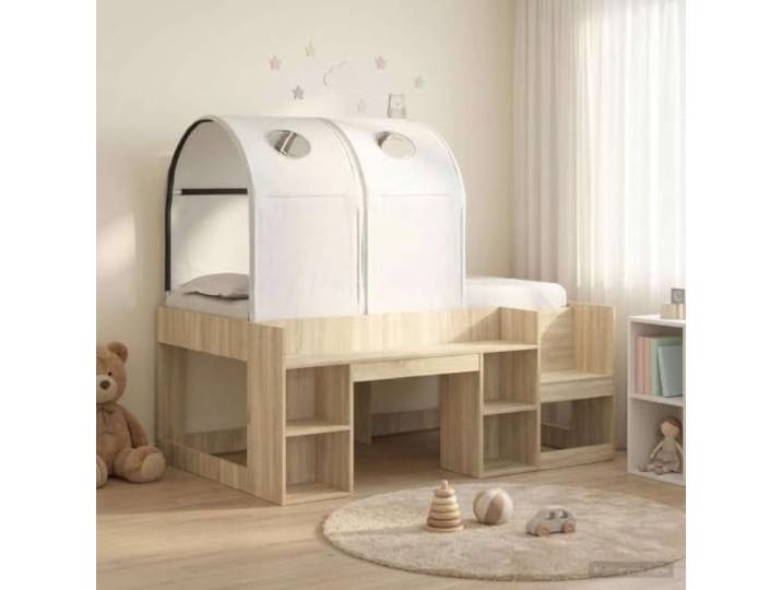 RJPLMFV Bett mit 3 Teilen, Eiche Sonoma und Weiß, Holz Lattenrost inklusive, Mikrofasergewebe, modernes Design, einfache Montage