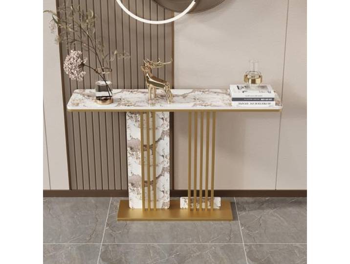 LJWFZBD Moderner Konsolentisch mit Sintersteinplatte, schmaler Flurtisch Robuste Sintersteinplatte, Schmales Design, Stabile Metallbasis, Pflegeleicht(GOLD+White-gold,59.1 (150cm))