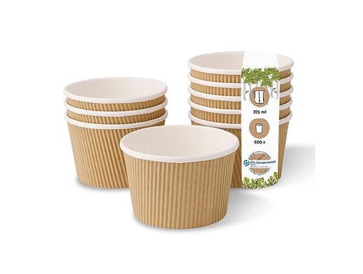 BIOZOYG Suppenbecher 500 Stück 375 ml, Bio Riffelbecher weiß/braun Kompostierbarer Kraftkarton-Becher, DIN13432 zertifiziert, für heiße Speisen wie Suppen & Eintöpfe in Take-Away-Gastronomie