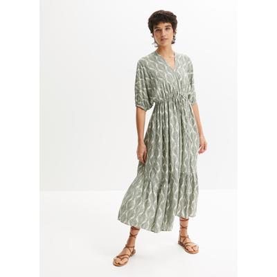 Midikleid BONPRIX "Midikleid aus fließender Viskose", Damen, Gr. 36, N-Gr, Kurzarm, grün (dunkelgrün, sandbeige graphisch), Obermaterial: 100% Viskose, ausgestellt, Kleider Midikleid, aus Viskose, ausgestellte Passform, mit Fledermausärmeln