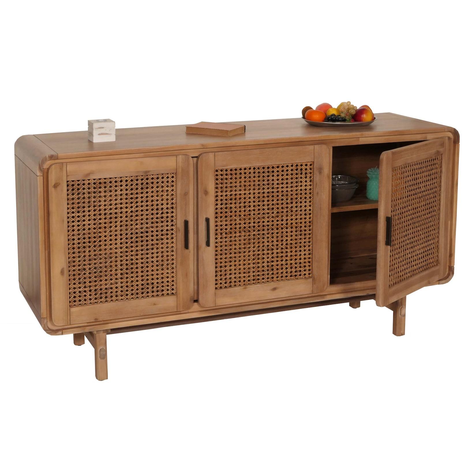 Sideboard MCW-M47, Schrank Kommode Highboard Anrichte, Staufächer, Rattan Akazie Massiv-Holz gebeizt 82x160x45cm 38kg